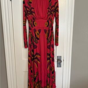 FARM Rio Coral and Black Leaf Dress